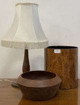 A mid century turned teak fruit bowl (D26cm) together with a vintage simulated burr walnut waste