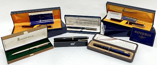 A mixed group of vintage pens comprising a Montblanc 22 (a/f), two boxed Waterman pens, Ronson,