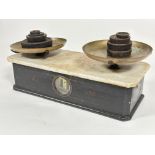 A set 19thc Day & Millward of Birmingham kitchen scales with treen painted base with inset