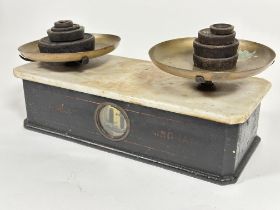 A set 19thc Day & Millward of Birmingham kitchen scales with treen painted base with inset