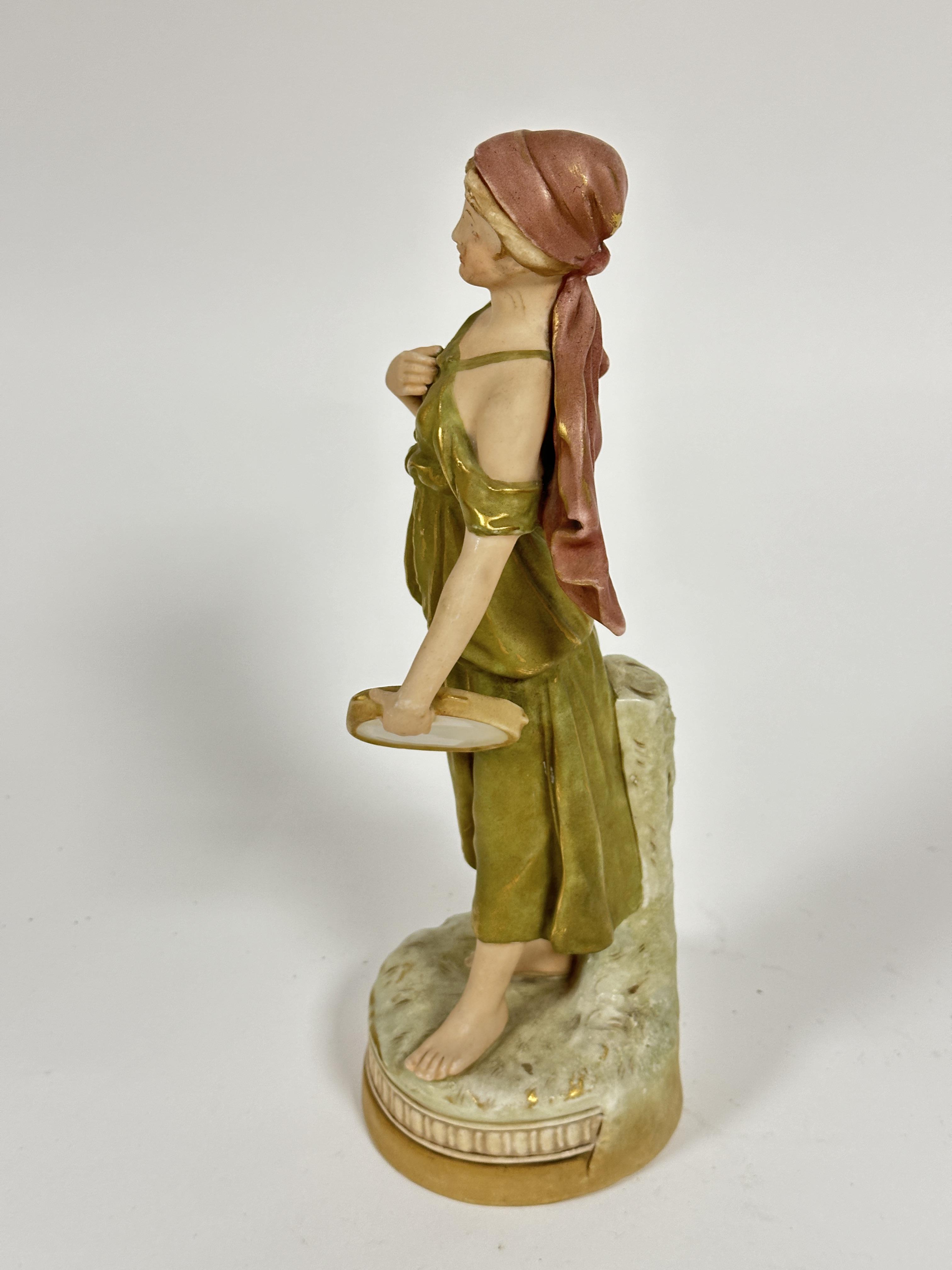 A Austrian Royal Dux figure of a maiden with tambourine in green tunic standing on circular - Image 2 of 5