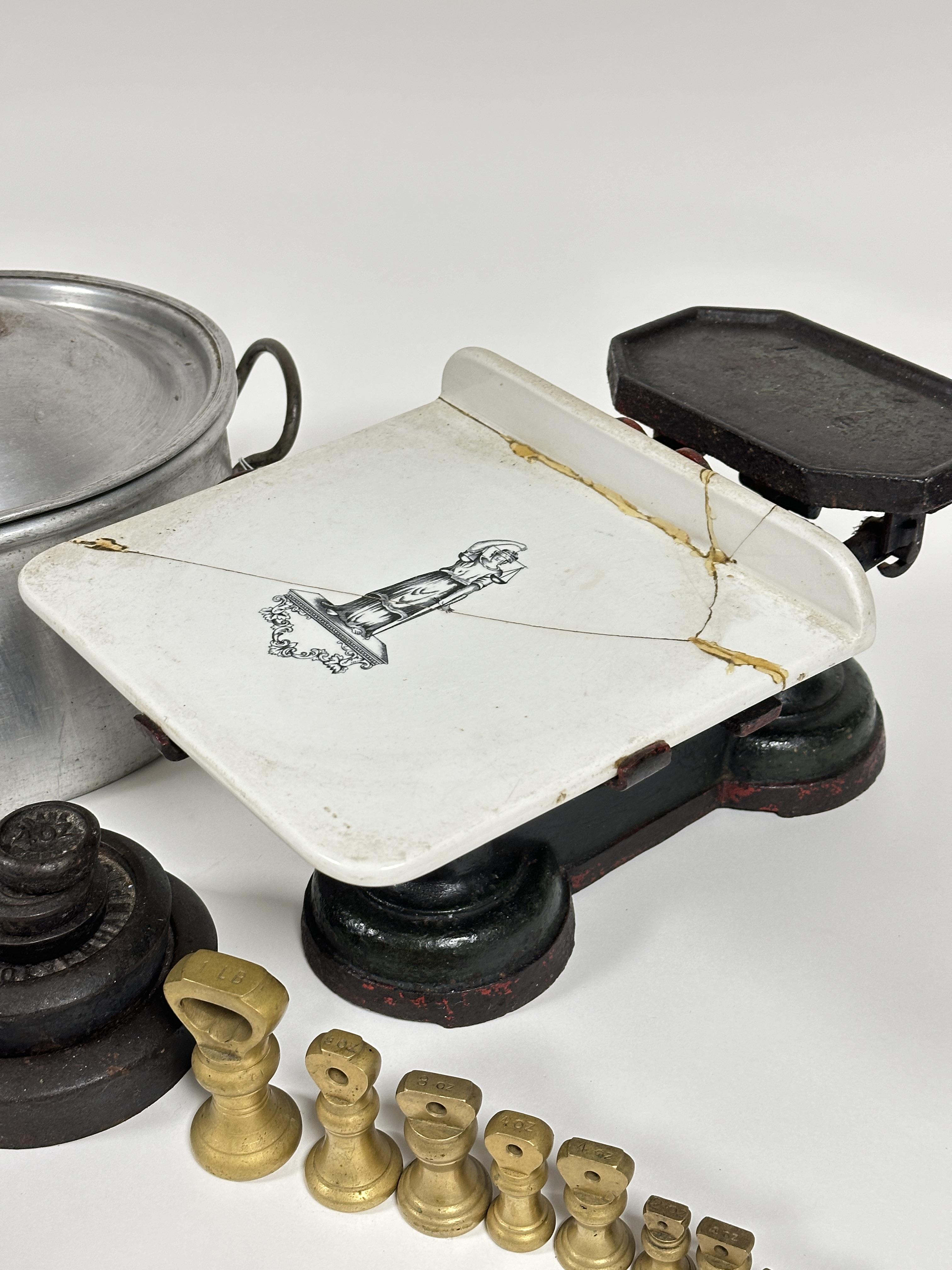 A Victorian cast iron set of kitchen scales with ceramic pannier a/f H x 19cm L x 39cm W x 26cm with - Image 2 of 4