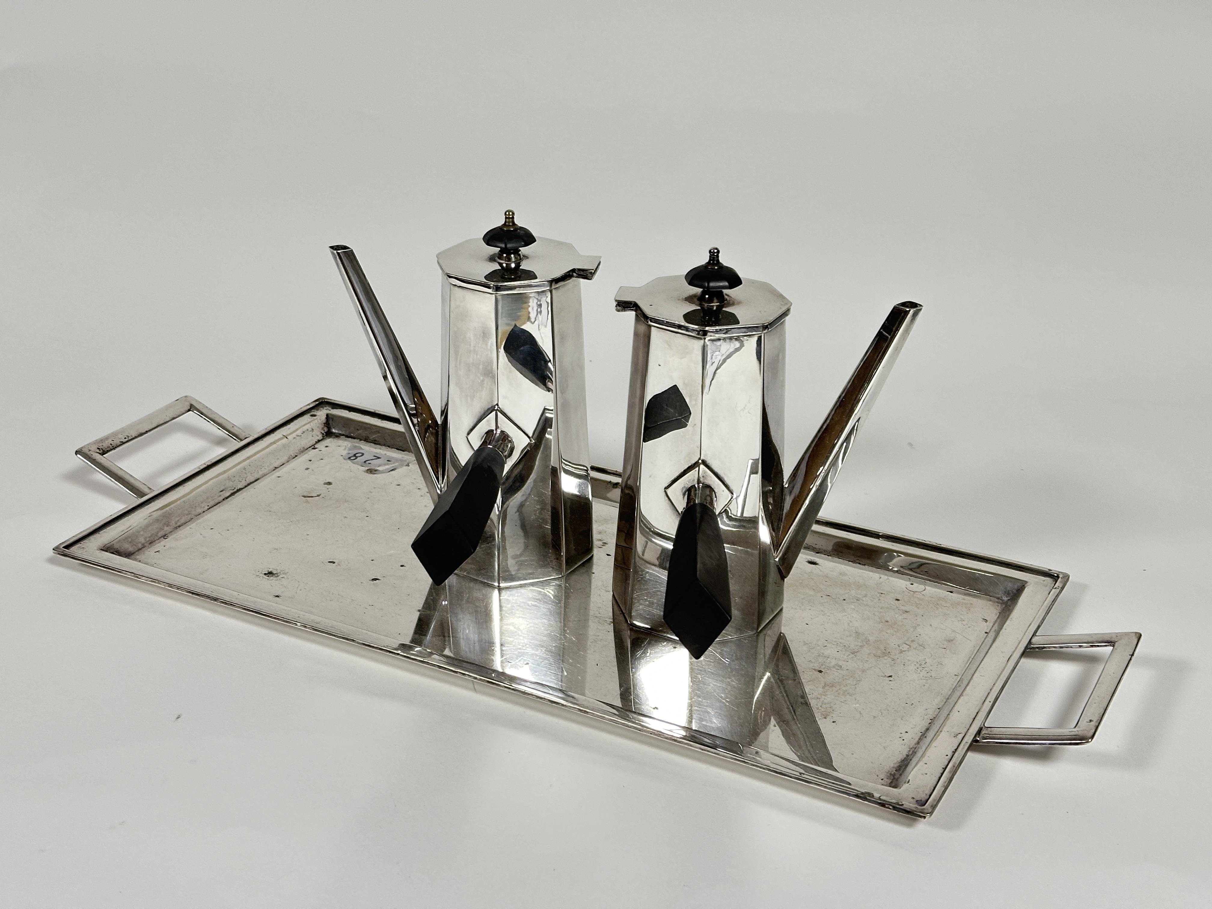 A Art Deco Epns stylish three piece coffee and chocolate service comprising rectangular square two - Image 2 of 2