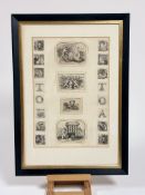A pair of framed 18thc style miniature alphabet letters engravings to the sides and classical