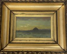 Unknown Artist, Sunset seascape view with island to background, oil on board, unsigned, in a gilt