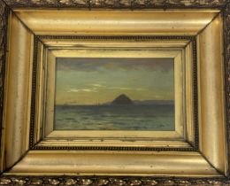 Unknown Artist, Sunset seascape view with island to background, oil on board, unsigned, in a gilt