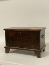 An early 20th century stained pine miniature coffer, hinged lid opening to a plain interior, carry