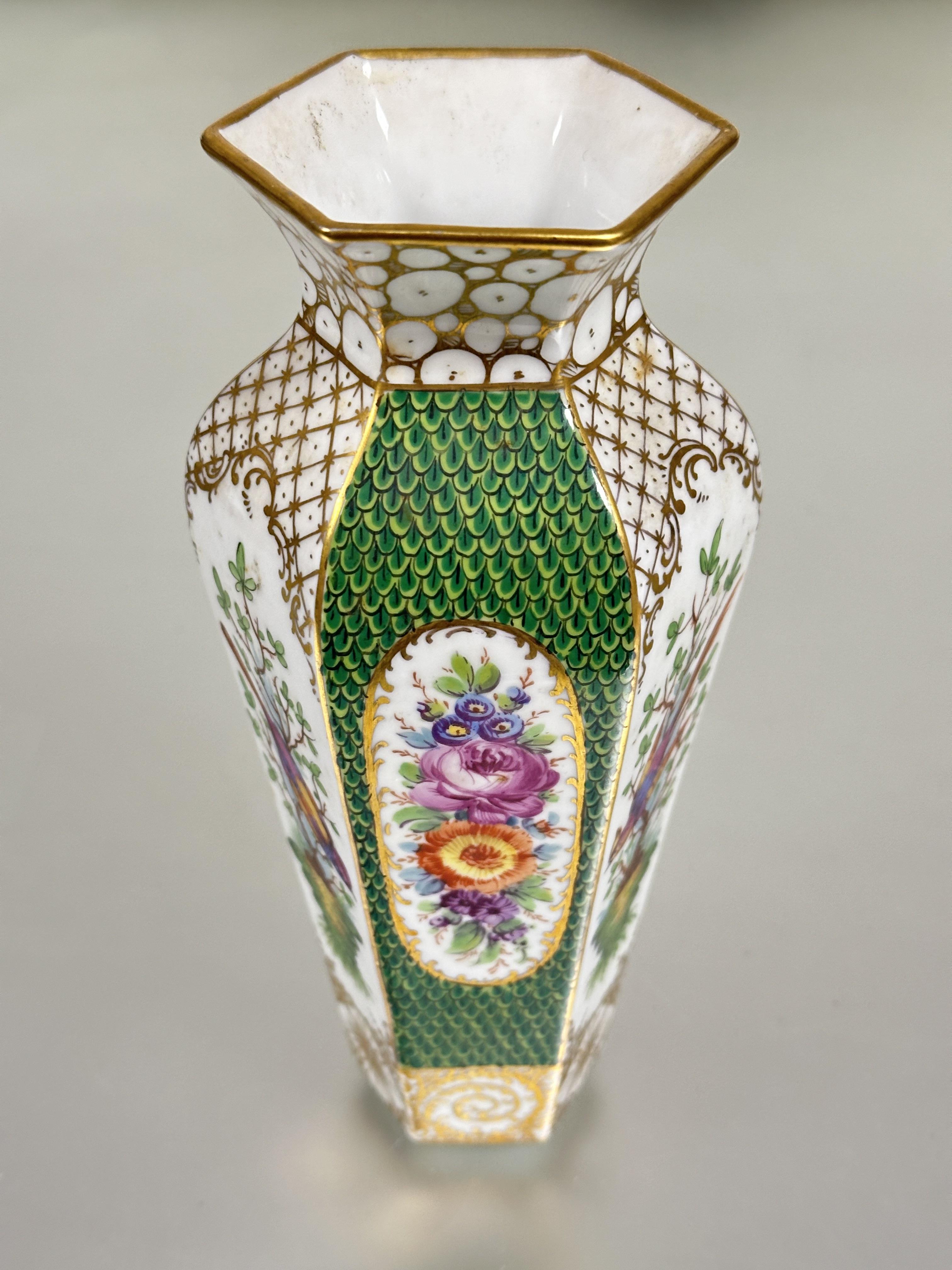 A early 20thc Dresden hexagonal tapered vase with gilt lip to top and alternation oval floral hand - Image 2 of 4