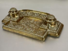 A late 19thc cast brass Art Nouveau style desk inkstand of arched back shaped fitted a pair of