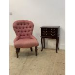 A Victorian style spoon back bedroom chair, upholstered in deep buttoned damask type fabric,