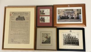 A collection of various Militaria prints, photos, Edinburgh townscape print awarded to Sergeant