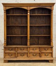 An Indonesian hardwood bookcase cabinet, the projecting cornice above two arched niches, each fitted