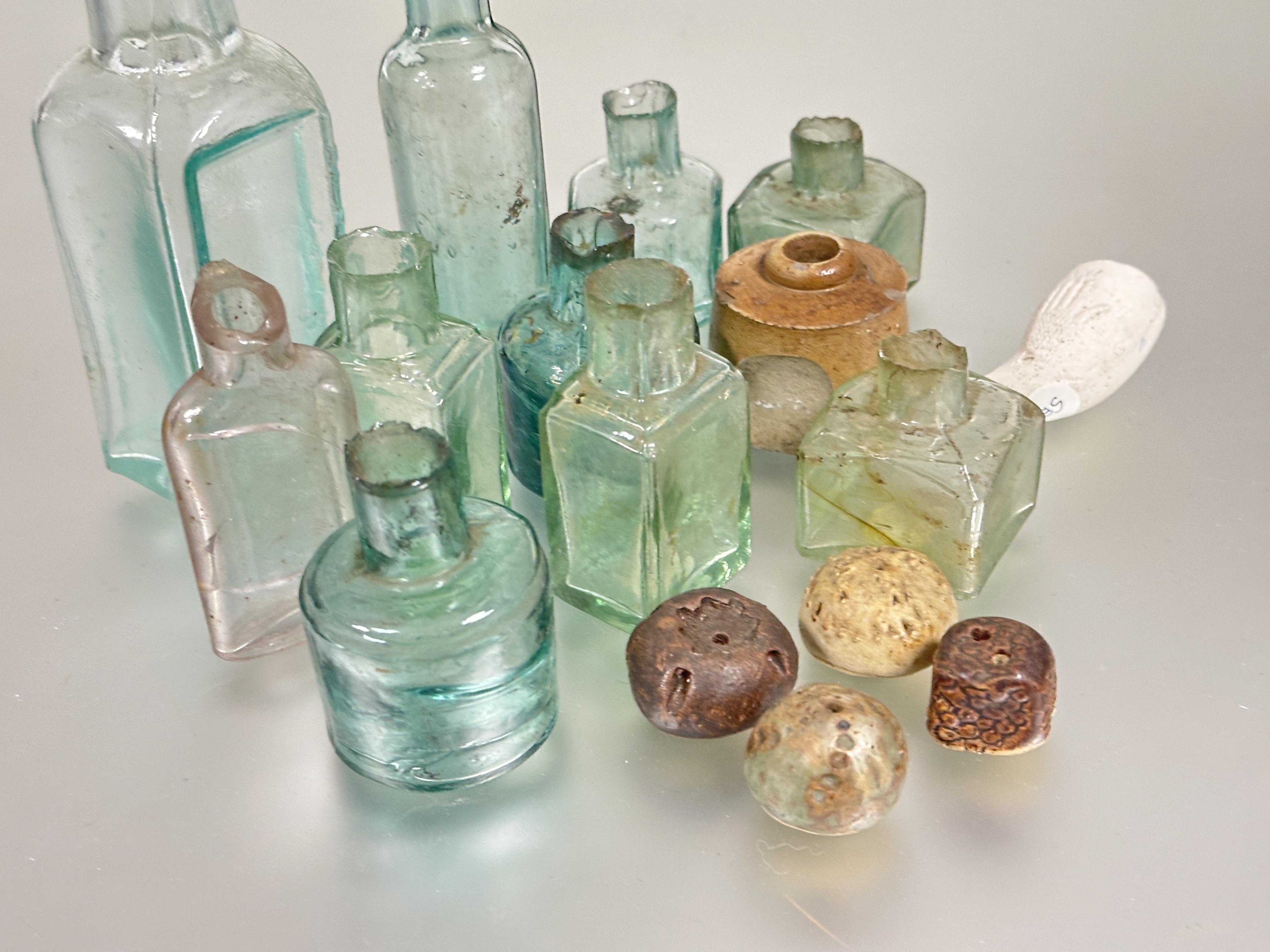 A collection of ten vintage green and clear glass bottles a/f tallest H x 16cm, clay pipe bowl - Image 2 of 2