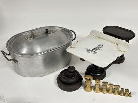 A Victorian cast iron set of kitchen scales with ceramic pannier a/f H x 19cm L x 39cm W x 26cm with