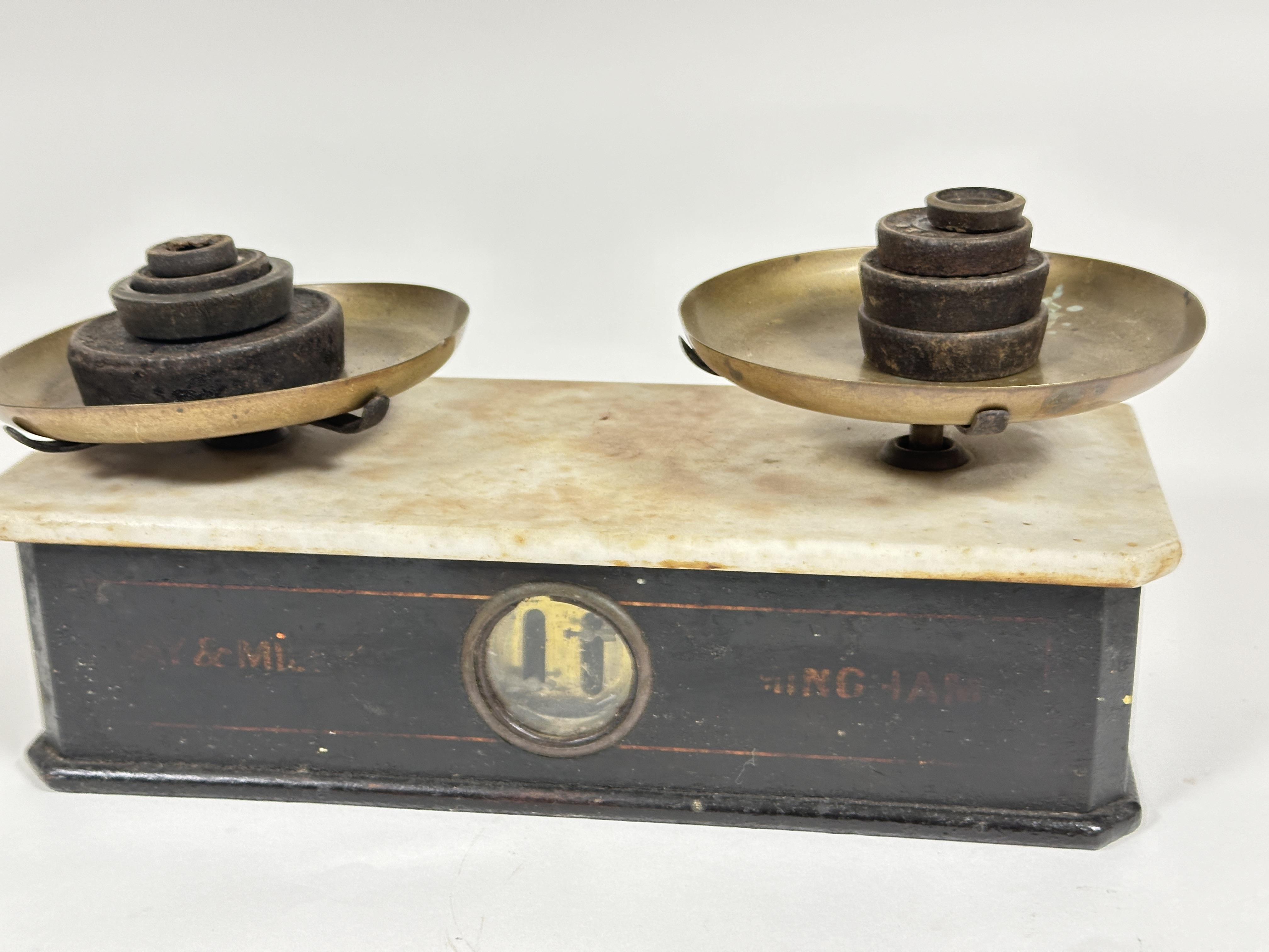 A set 19thc Day & Millward of Birmingham kitchen scales with treen painted base with inset - Image 2 of 3