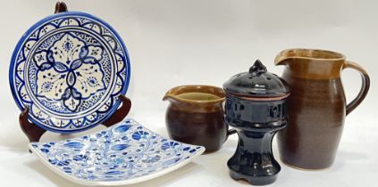 A mixed group of ceramics comprising a Persian style blue and white circular dish (marked verso,