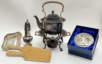 A mixed lot comprising an EPNS kettle and stand with burner (total height- 28cm), a pair of wooden