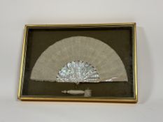 An Early 20thc lace-work floral decorated folding fan with mother of pearl sticks, with white tassel