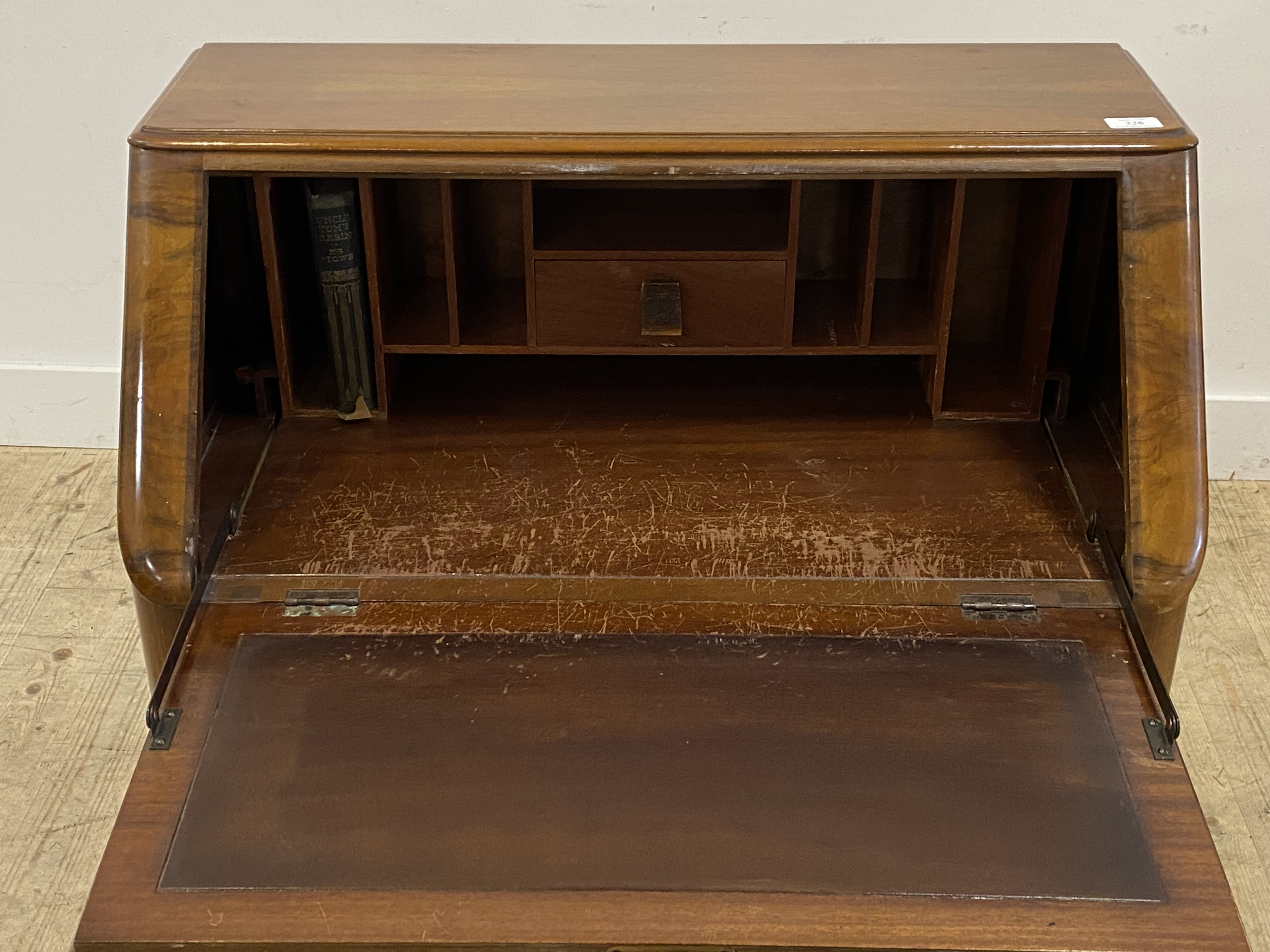 A 1930's walnut veneered bureau. the fall front opening to a fitted interior, above three drawers, - Image 2 of 2