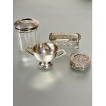 A glass panel sided Birmingham silver topped cotton bud jar H x 7.5cm, a Chester silver miniature