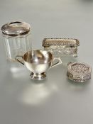 A glass panel sided Birmingham silver topped cotton bud jar H x 7.5cm, a Chester silver miniature