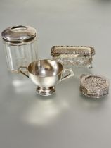 A glass panel sided Birmingham silver topped cotton bud jar H x 7.5cm, a Chester silver miniature