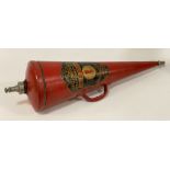 A Minimax Fire extinguisher,  red painted conical body with handle to side 85cms