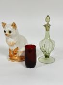 A pottery ginger toirtie point seated cat figure with inset green glass eyes  H x 26cm, a ruby glass