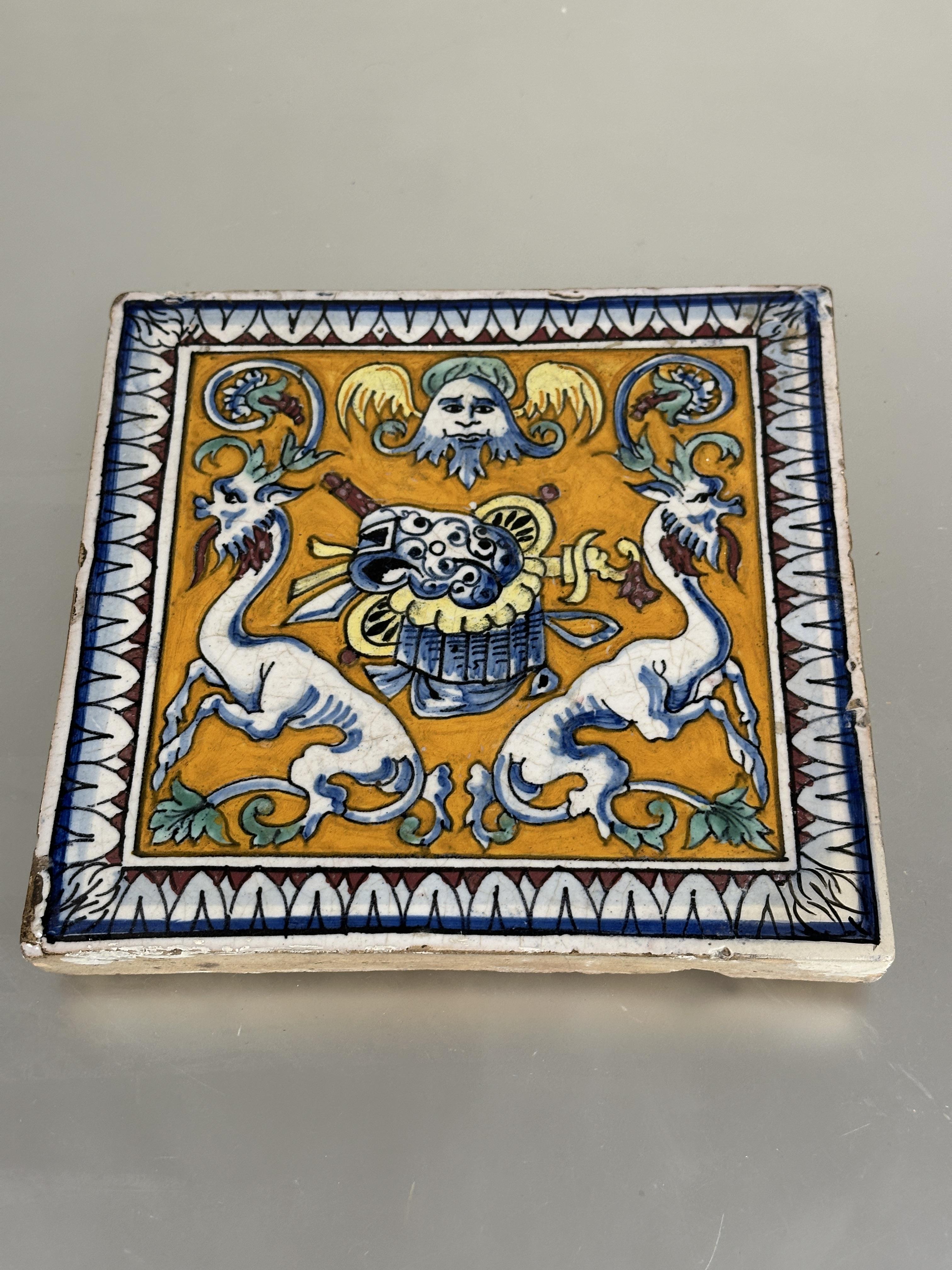 A Iznik glazed pottery octagonal tile with central flower enmclosed within a lotus leaf and flower - Image 2 of 7