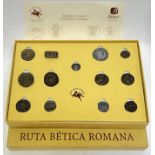 A boxed set of reproduction Ruta Betica Romana coins (after Roman coins) including one ring