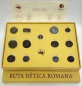 A boxed set of reproduction Ruta Betica Romana coins (after Roman coins) including one ring