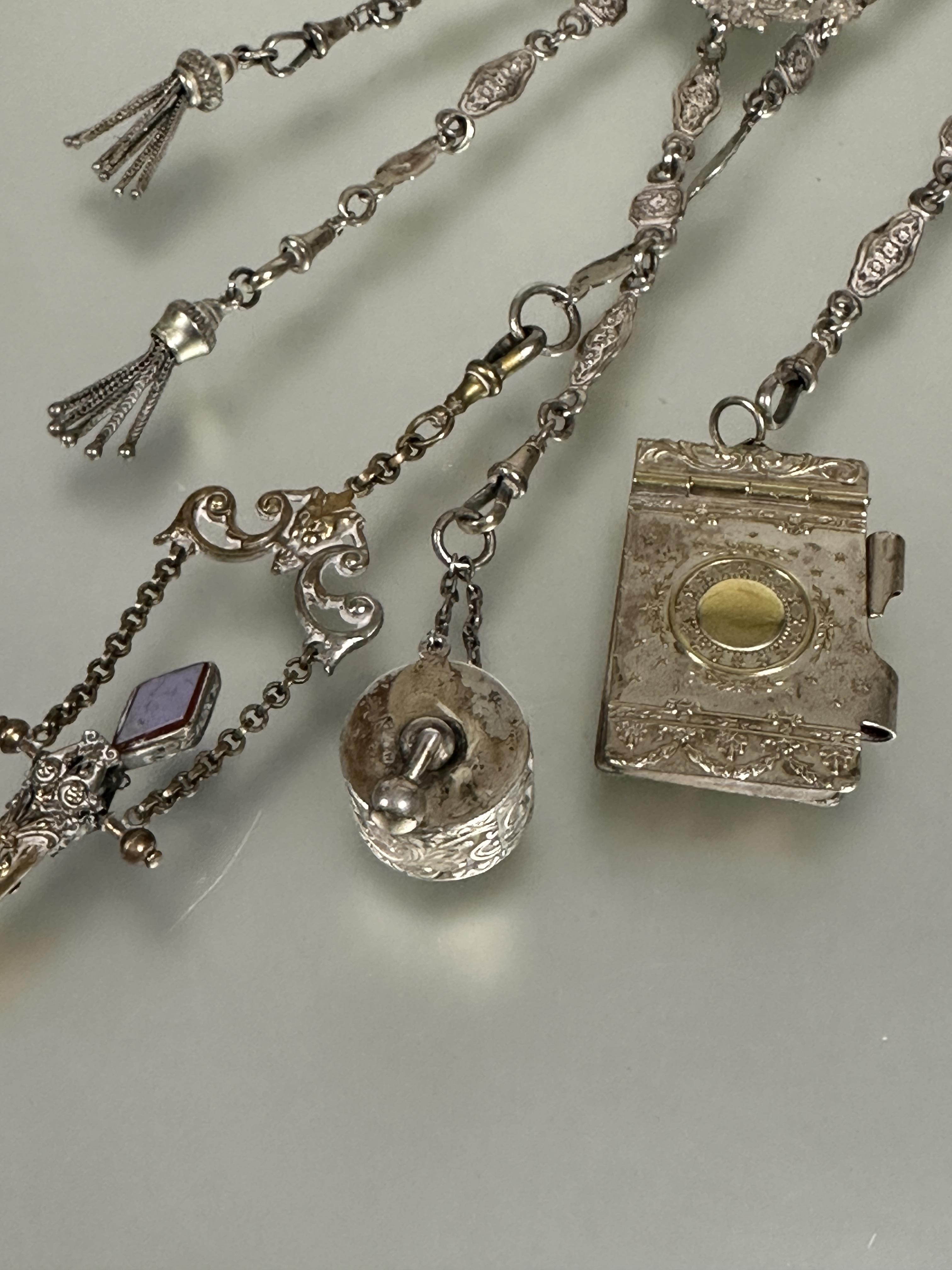 A Edwardian Birmingham silver Chatelaine the pierced top with cherubs above two panels with heart - Image 4 of 5