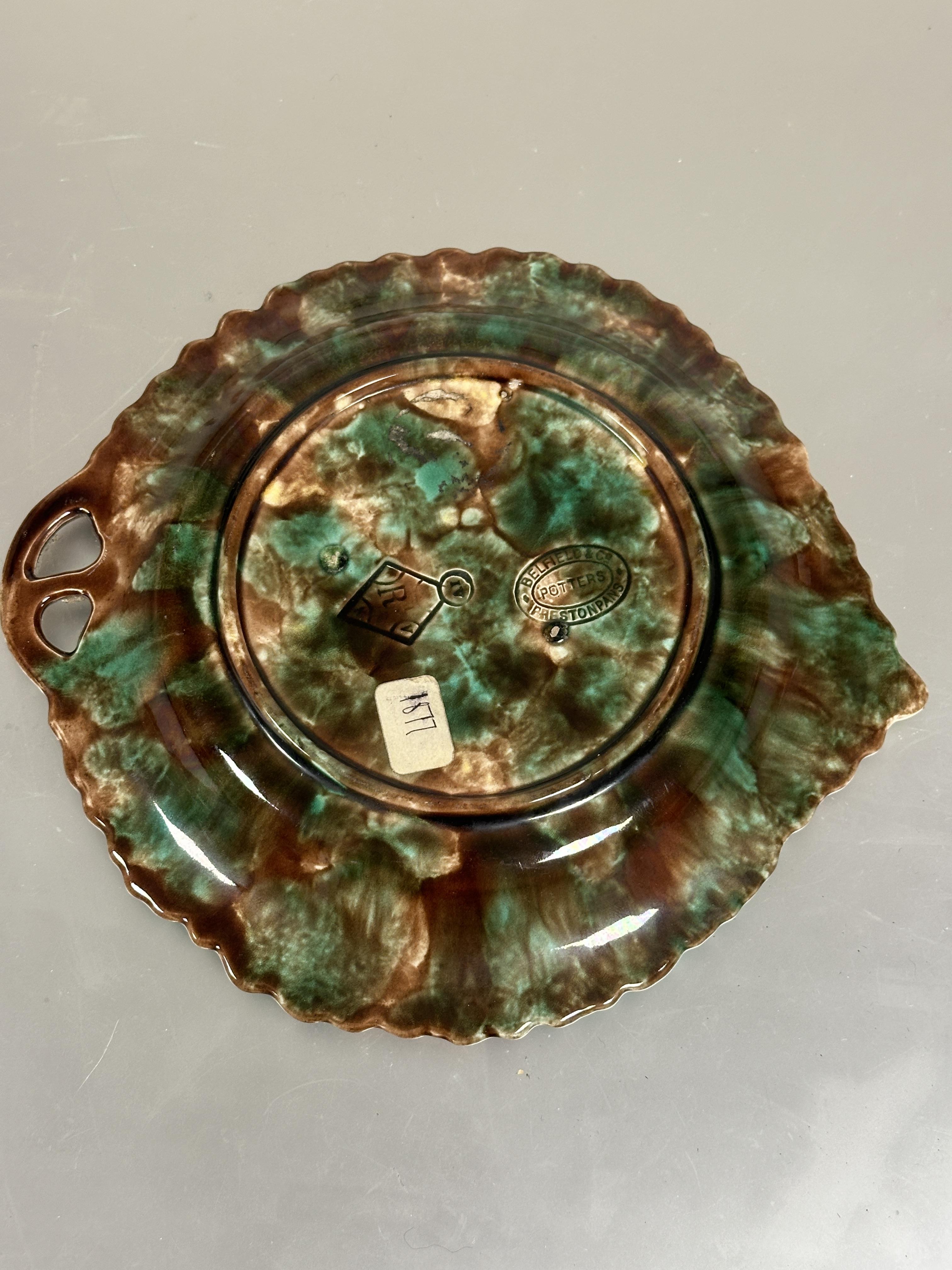 A Belfield & Co Prestonpans pottery majolica leaf moulded handled fruit dish with green and brown - Image 2 of 10