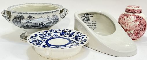 A mixed group of ceramics comprising a Victorian transfer printed twin handled bowl (possibly