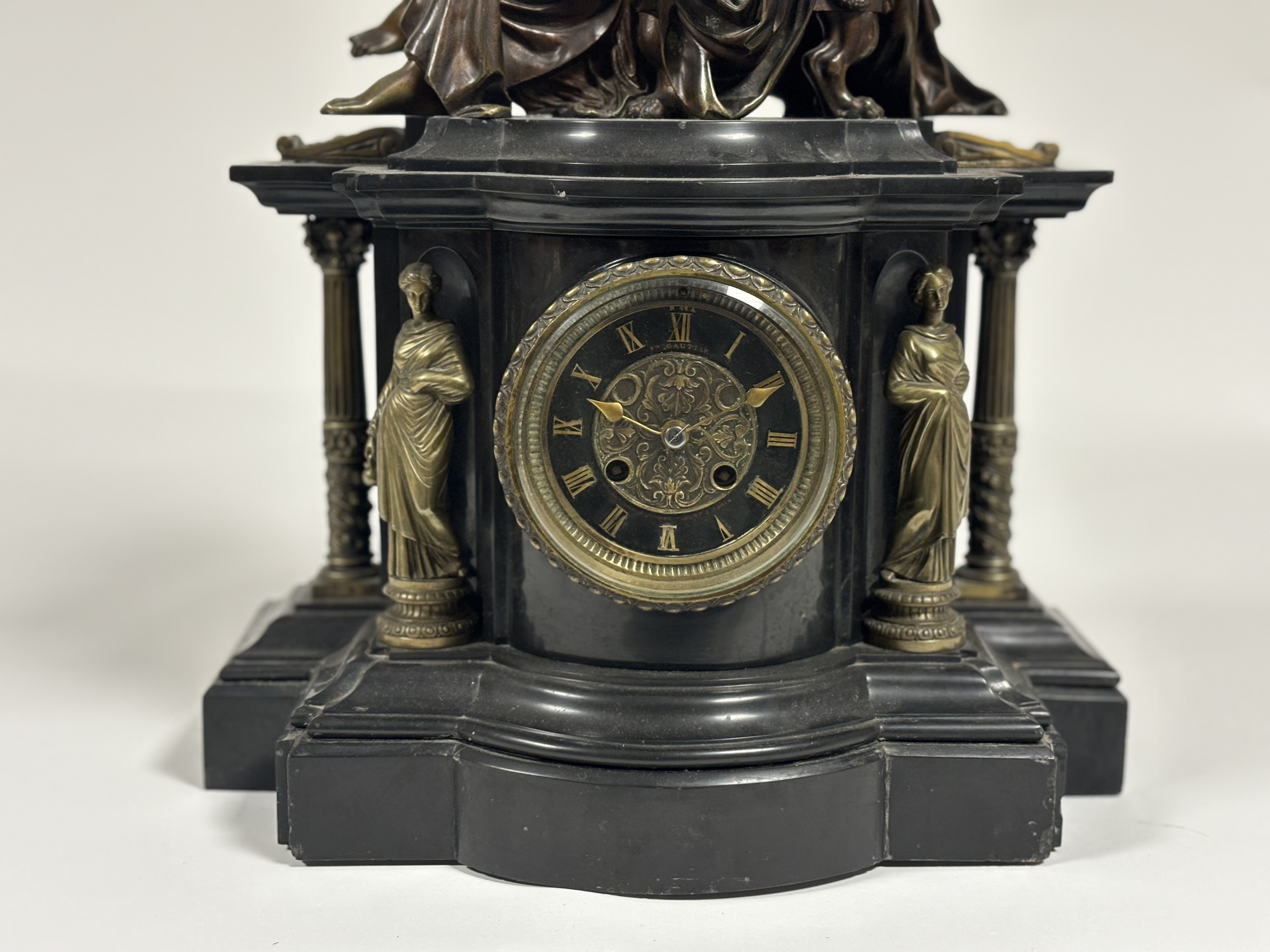 A French patinated and gilt bronze mounted slate mantel clock, late 19th century, the well-cast - Image 3 of 4