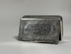 A French 19th century silver snuff box, of rectangular form, the cover engraved with a horse-