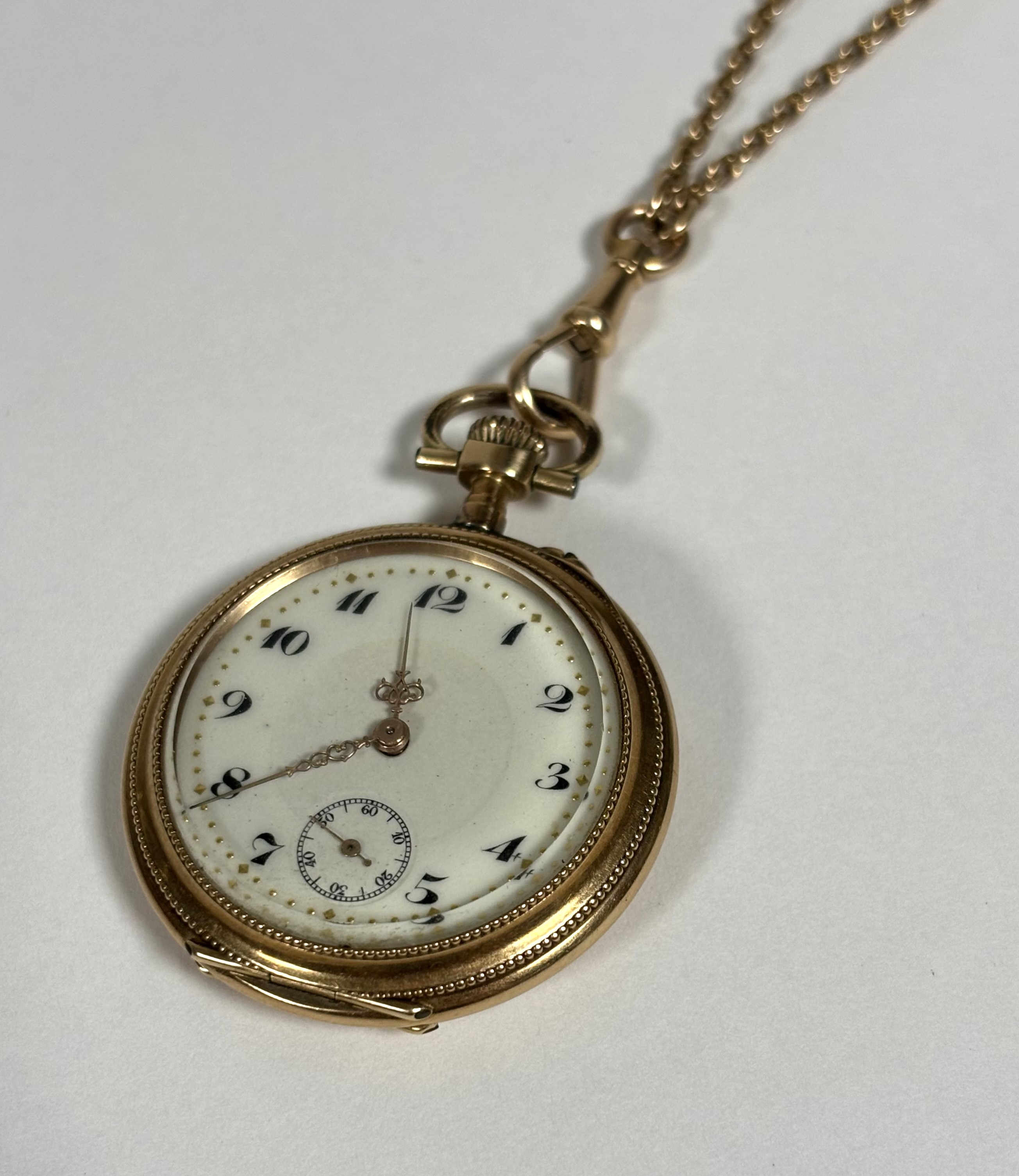 A Swiss 14ct gold lady's open face fob watch, early 20th century, on a 14ct gold belcher-link - Image 3 of 4