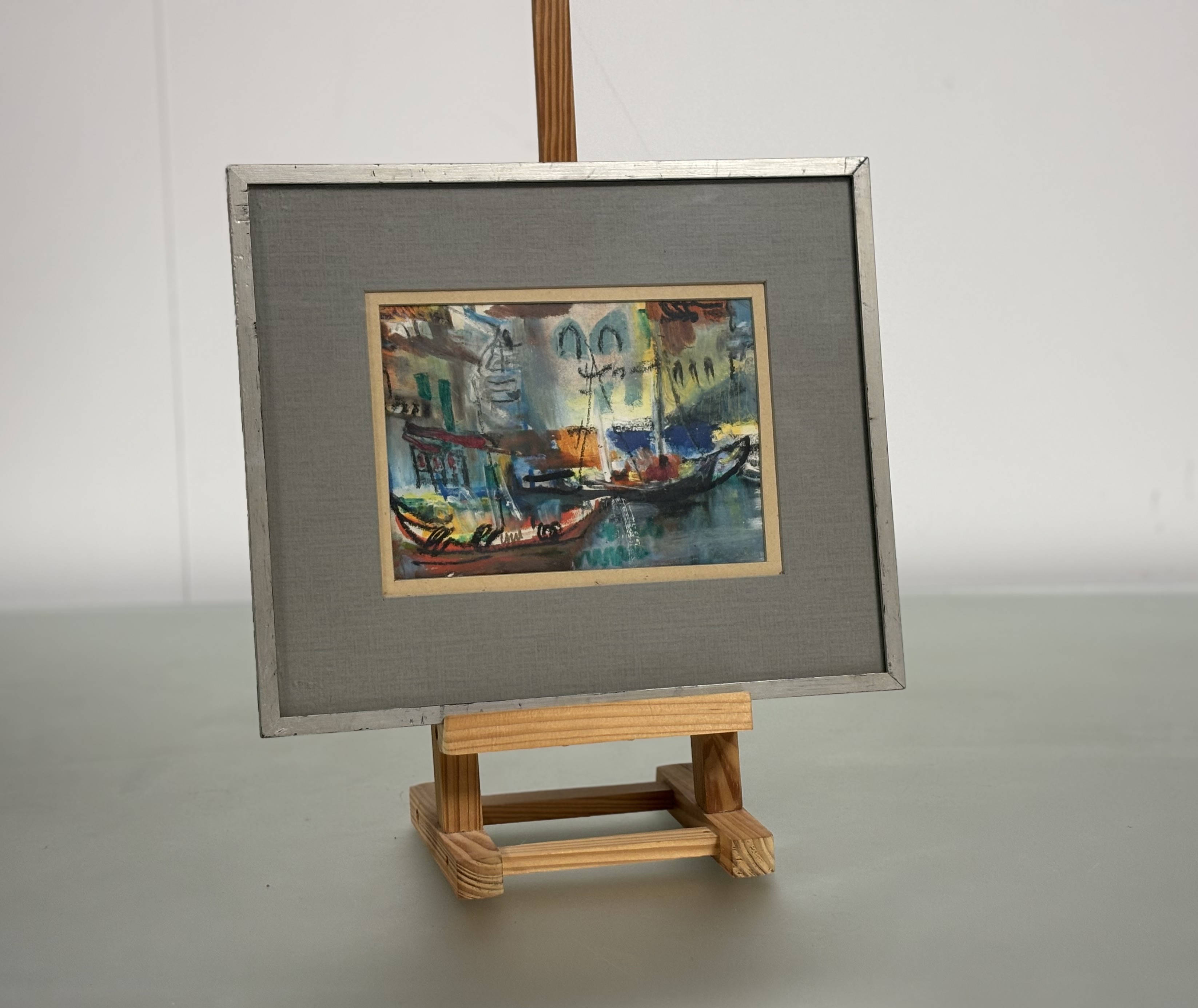 Hamish Lawrie (Scottish, 1919-1987), A Continental Harbour, mixed media, unsigned, framed. 13cm by