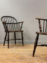 A pair of country elm and ash Windsor armchairs, 19th century, with double hoop and spindle backs