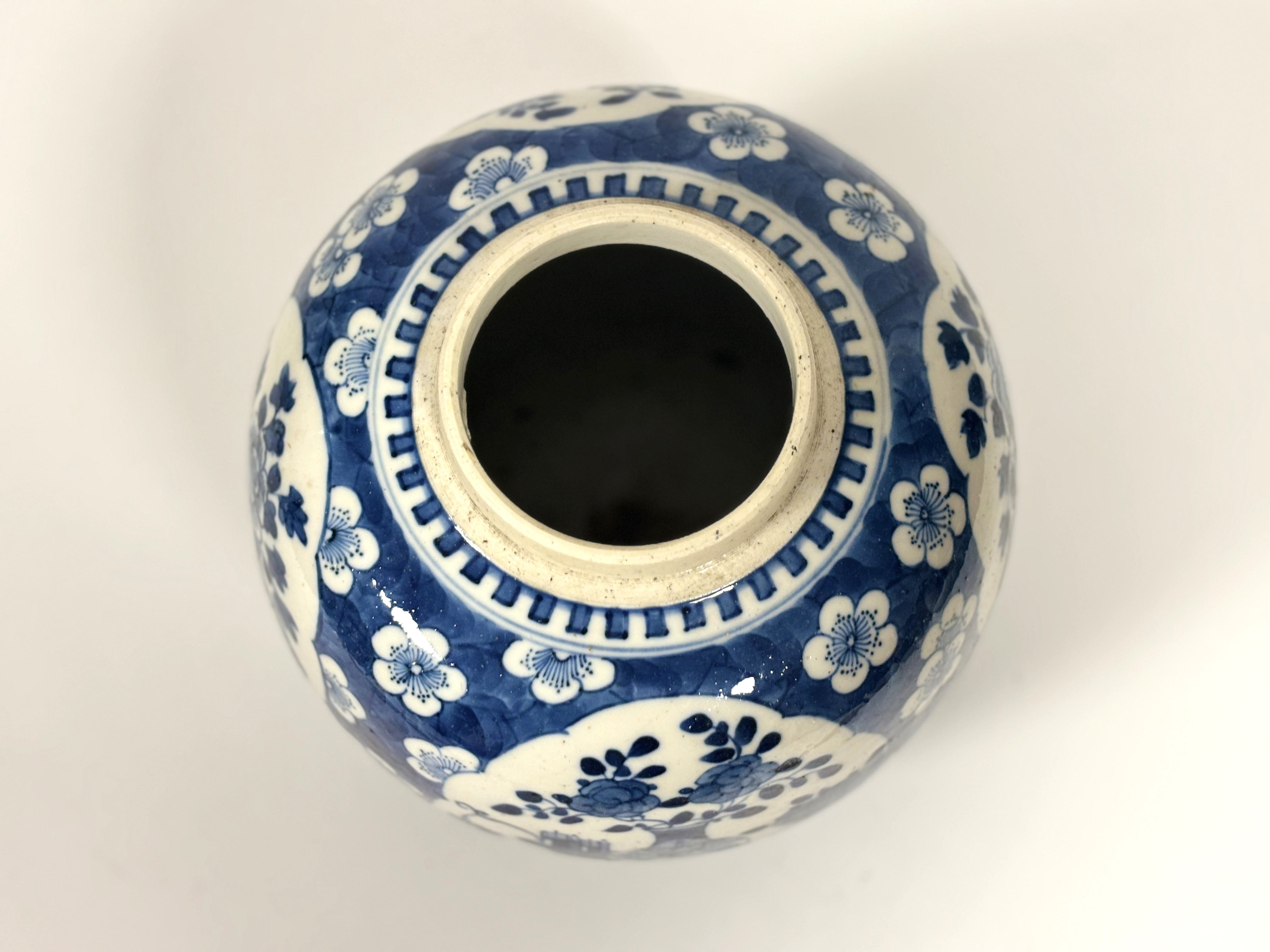 A Chinese blue and white porcelain ovoid jar, probably Kangxi period, painted with shaped cartouches - Image 3 of 6