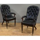 A pair of William IV rosewood library chairs, the button back, seat and elbow rests upholstered in