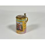 A late 19th century gilt-metal mounted Vienna porcelain tankard and cover, of cylindrical form, with