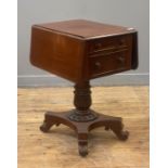 A William IV mahogany sewing table, the top with drop leaf to each side, above two drawers opposed