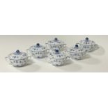 A set of six Royal Copenhagen soup cups and covers in the plain fluted blue pattern (Musselmalet),