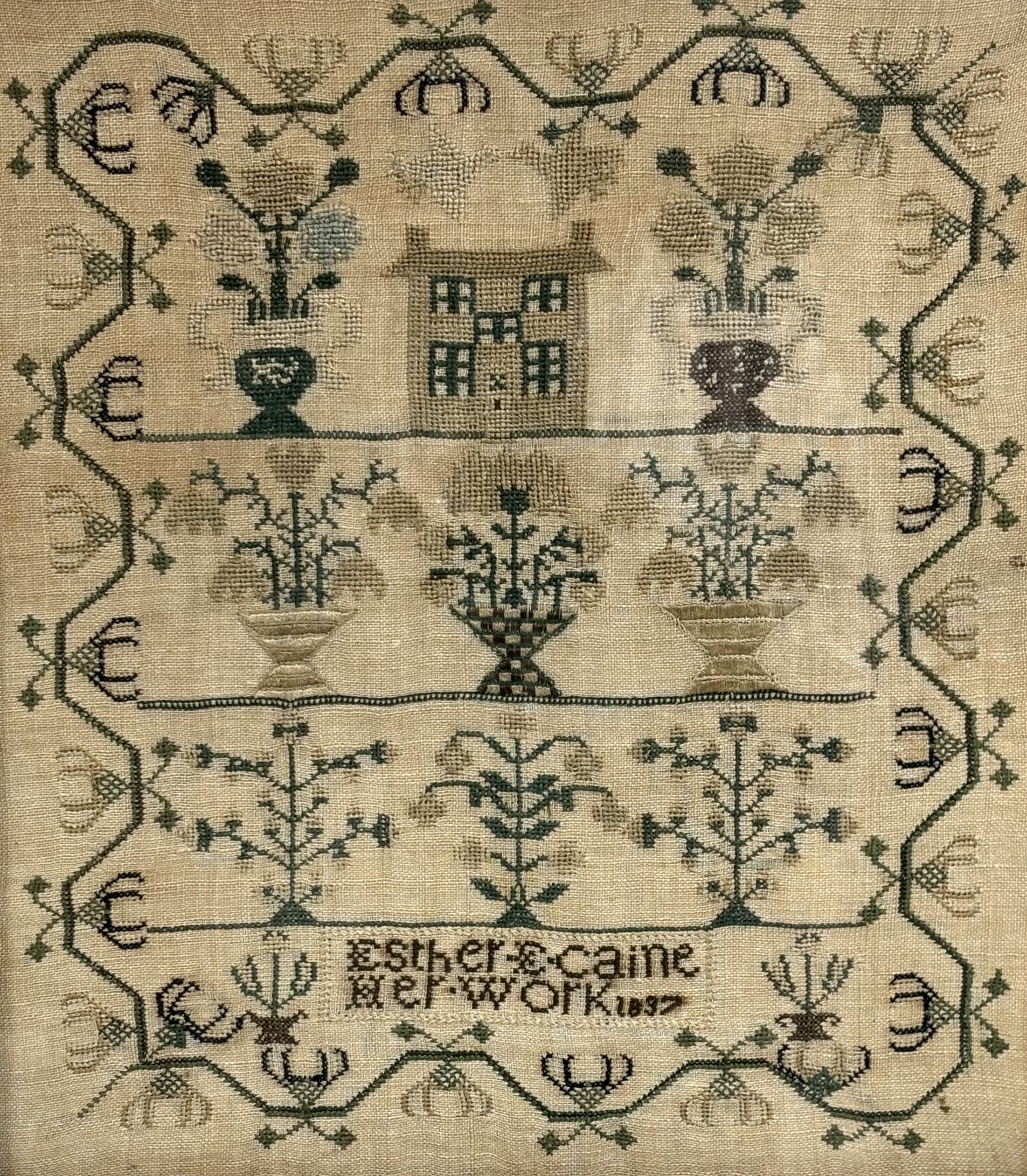 An early Victorian needlework sampler, Esther Caine, Her Work, 1837, worked in polychrome threads - Image 2 of 2