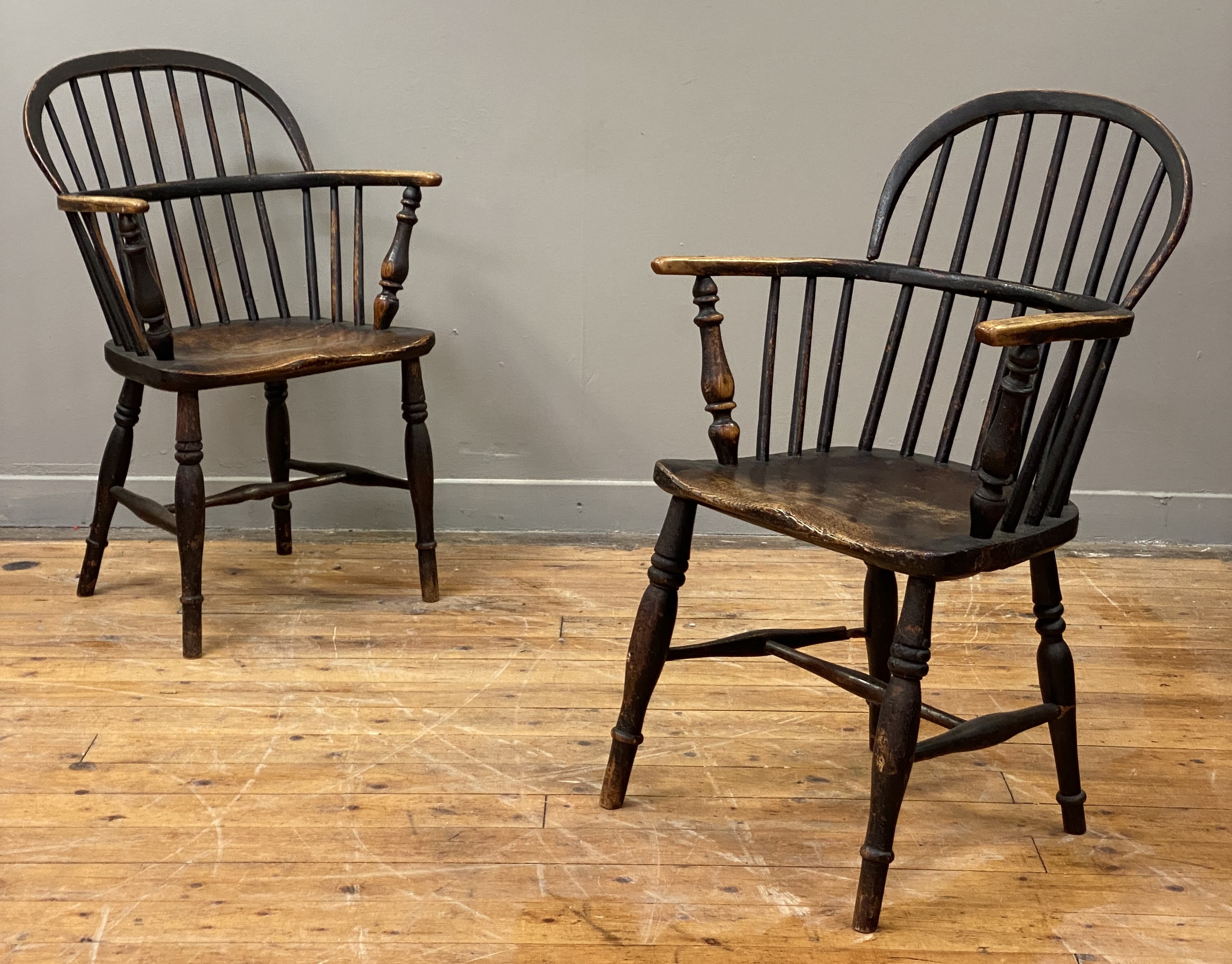 A pair of country elm and ash Windsor armchairs, 19th century, with double hoop and spindle backs - Image 2 of 4