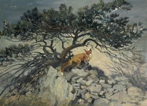 John Theodore Fardley Kenney (British, 1911-1972) "Fox on the Beacon", signed lower right and