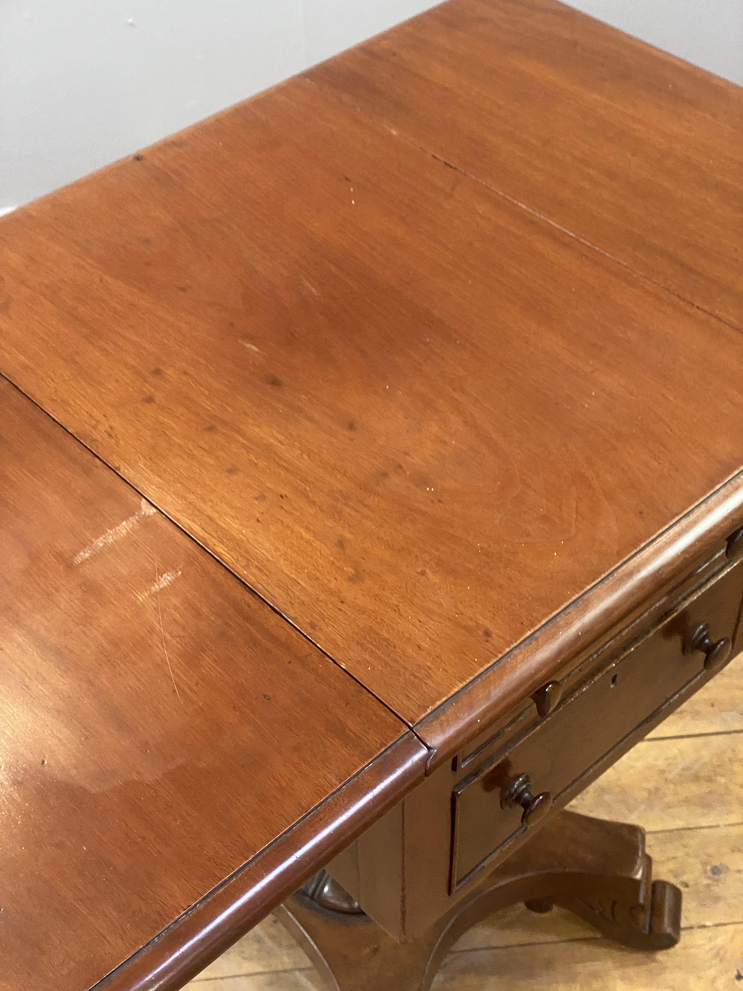 A William IV mahogany sewing table, the top with drop leaf to each side, above two drawers opposed - Image 3 of 3