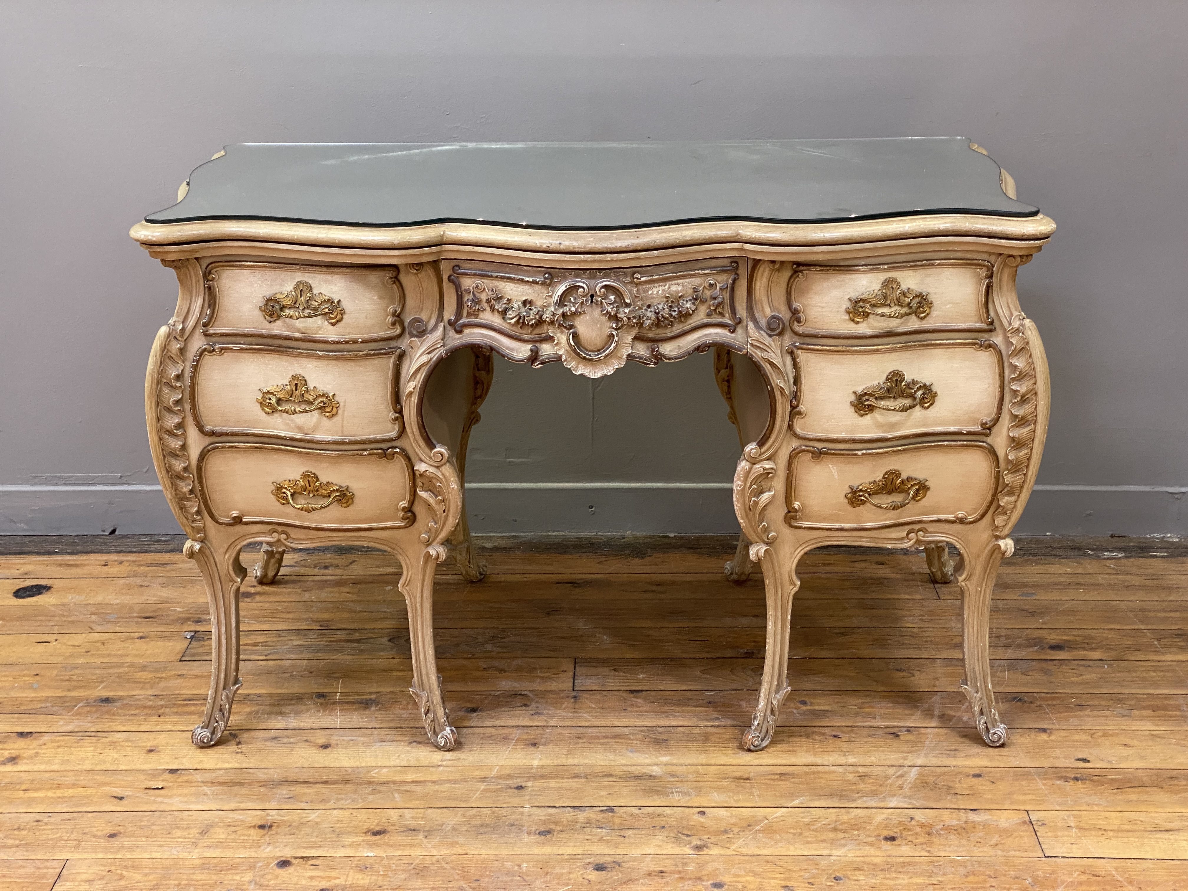 A Neo-Rococo dressing table or desk, late 19th century, cream painted and parcel gilt hardwood, - Image 2 of 5