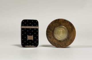 Two 19th century snuff boxes: the first of oblong form, inlaid with yellow metal star pique work